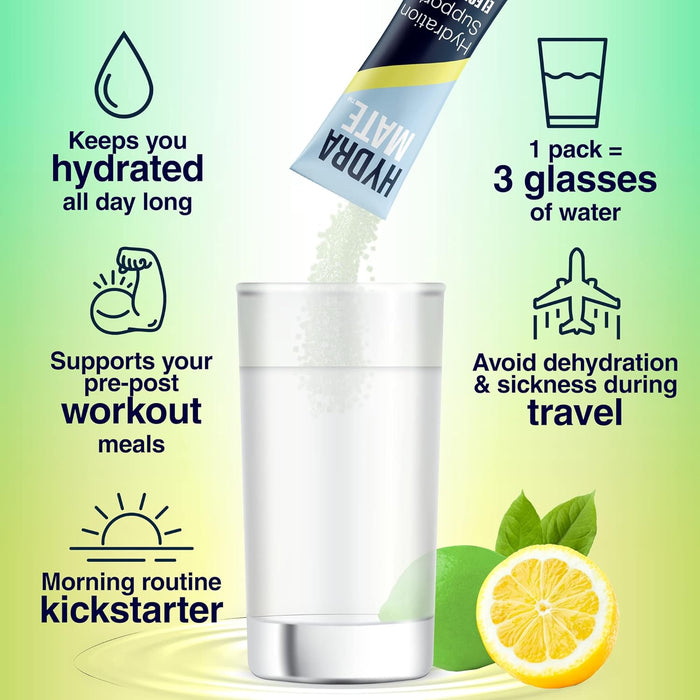 Hydramate -2 Electrolyte Powder Packets for Dehydration, Non-Added Sugars, Non-GMO, Natural Lemon Lime Flavor