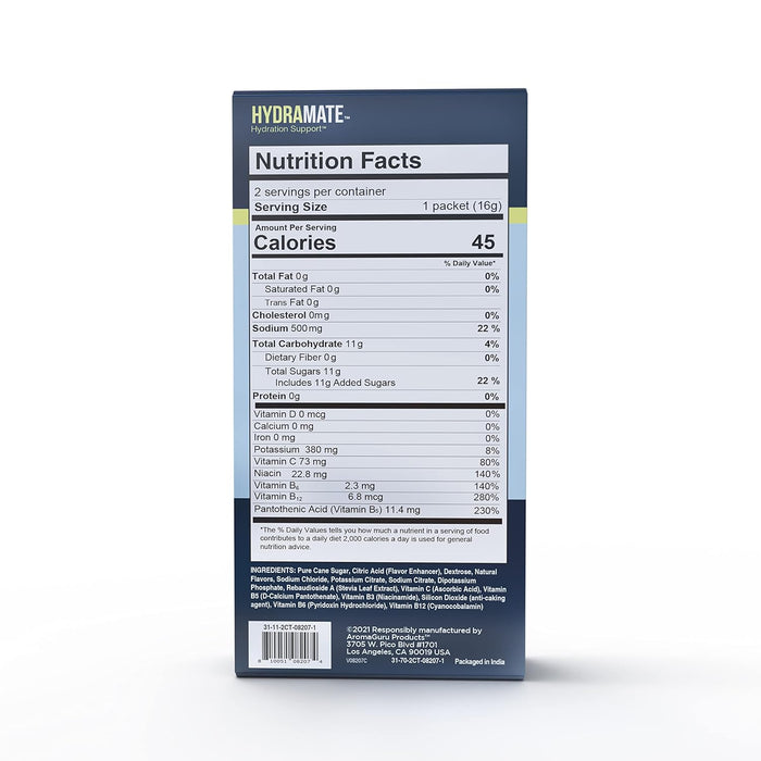 Hydramate -2 Electrolyte Powder Packets for Dehydration, Non-Added Sugars, Non-GMO, Natural Lemon Lime Flavor